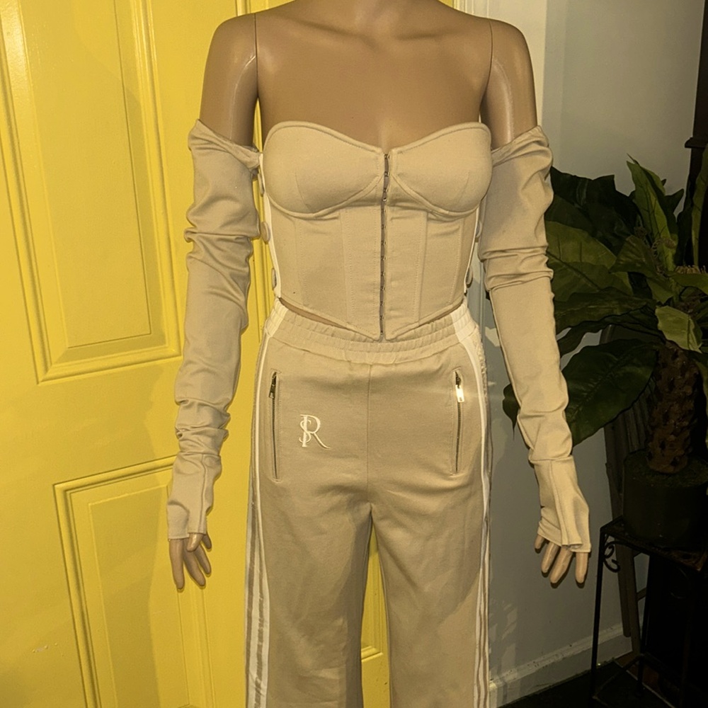 So Real 2 piece fancy beige sweat suit size small $75